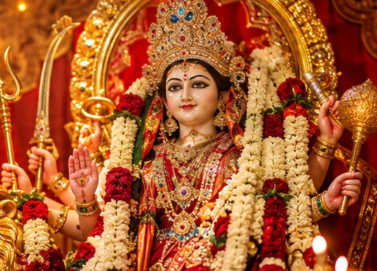 Close-up of Goddess Durga worship artwork